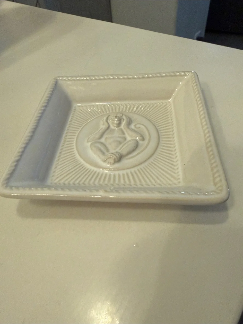 Juliska Cream Ceramic Square Dish with Monkey Medallion- Hear No Evil